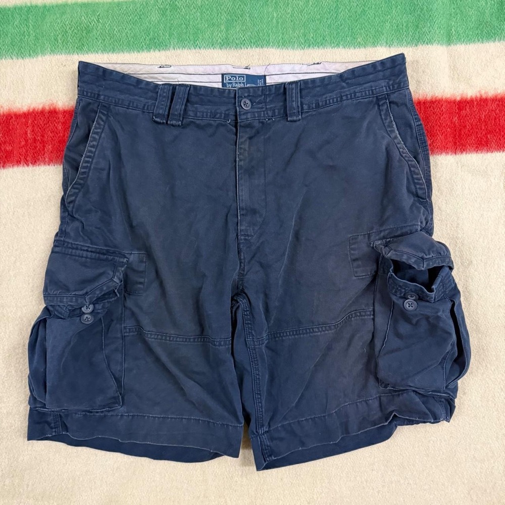 Polo Ralph Lauren Mens Navy Blue Faded Cargo Shorts Size 38 Baggy Y2K Chino